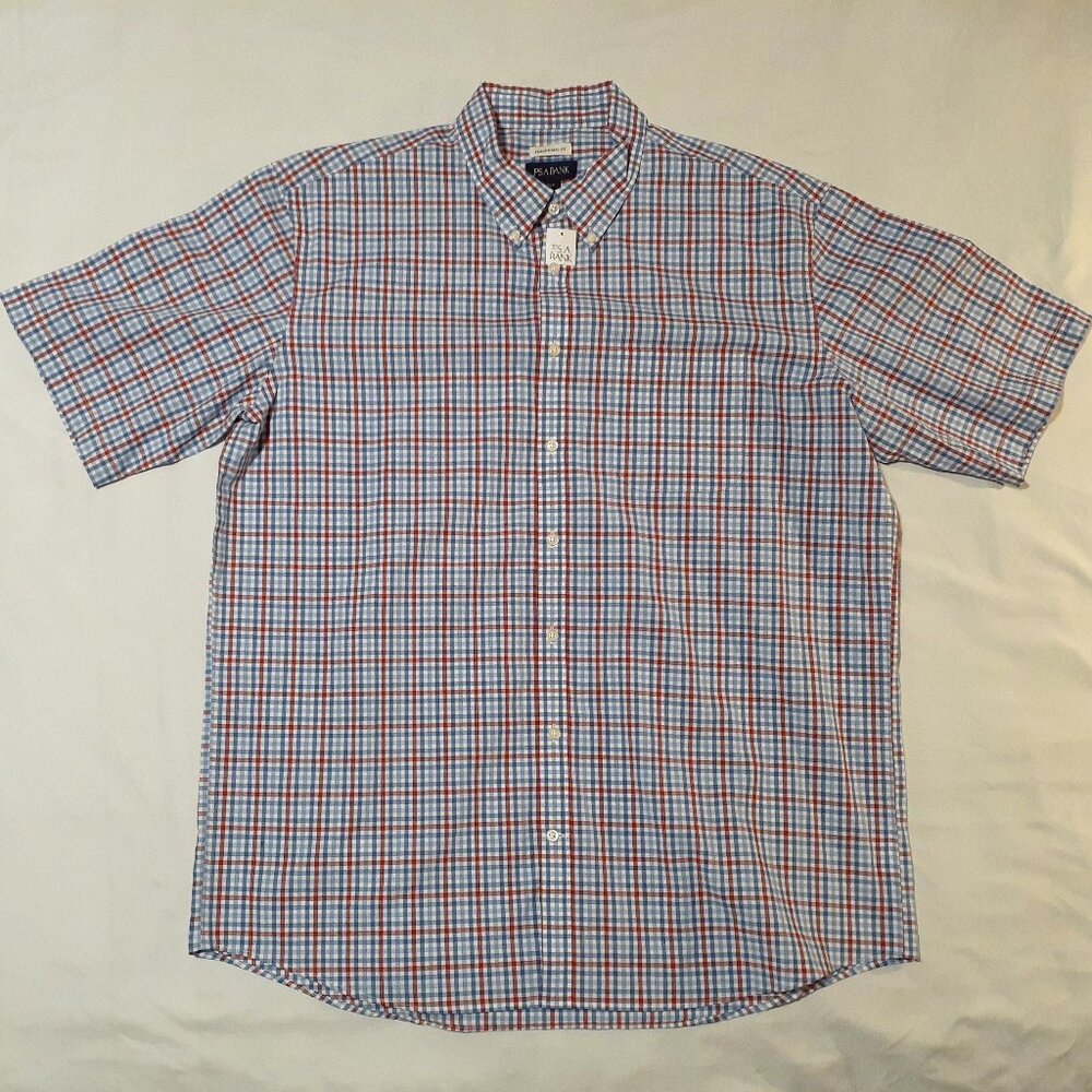 Jos A Bank Shirt Mens XLT Check Button Down Short Sleeve Traditional Fit NWT